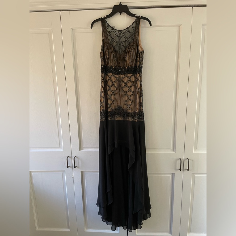 Asymmetrical vintage Sue Wong black and tan dress with beads and lace.